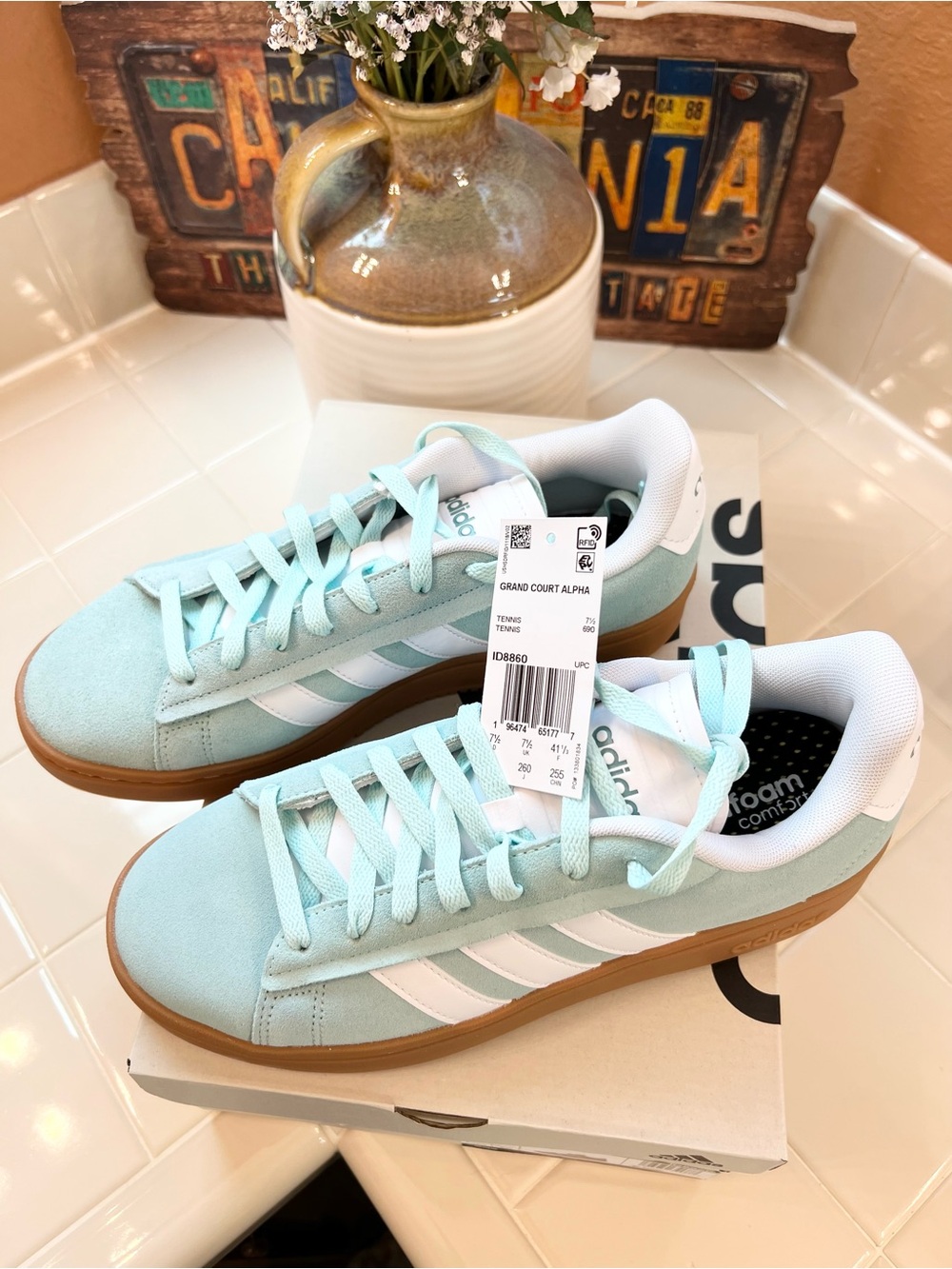 ADIDAS Grand Court Alpha Mint Suede Low-Top Sneakers with White Stripes, NEW
